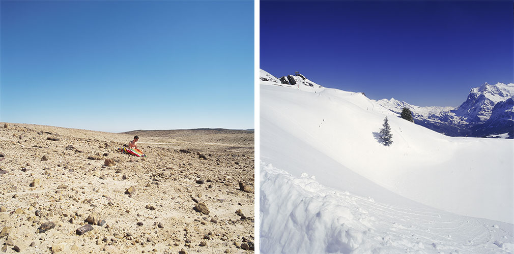 Mann alleine in der Wüste sitzend / Schneegebiet